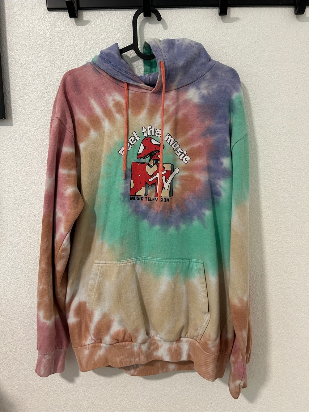 MTV Tie-Dye Pullover Hoodie in Green, Purple, Pink, Tan, Cream butterfly